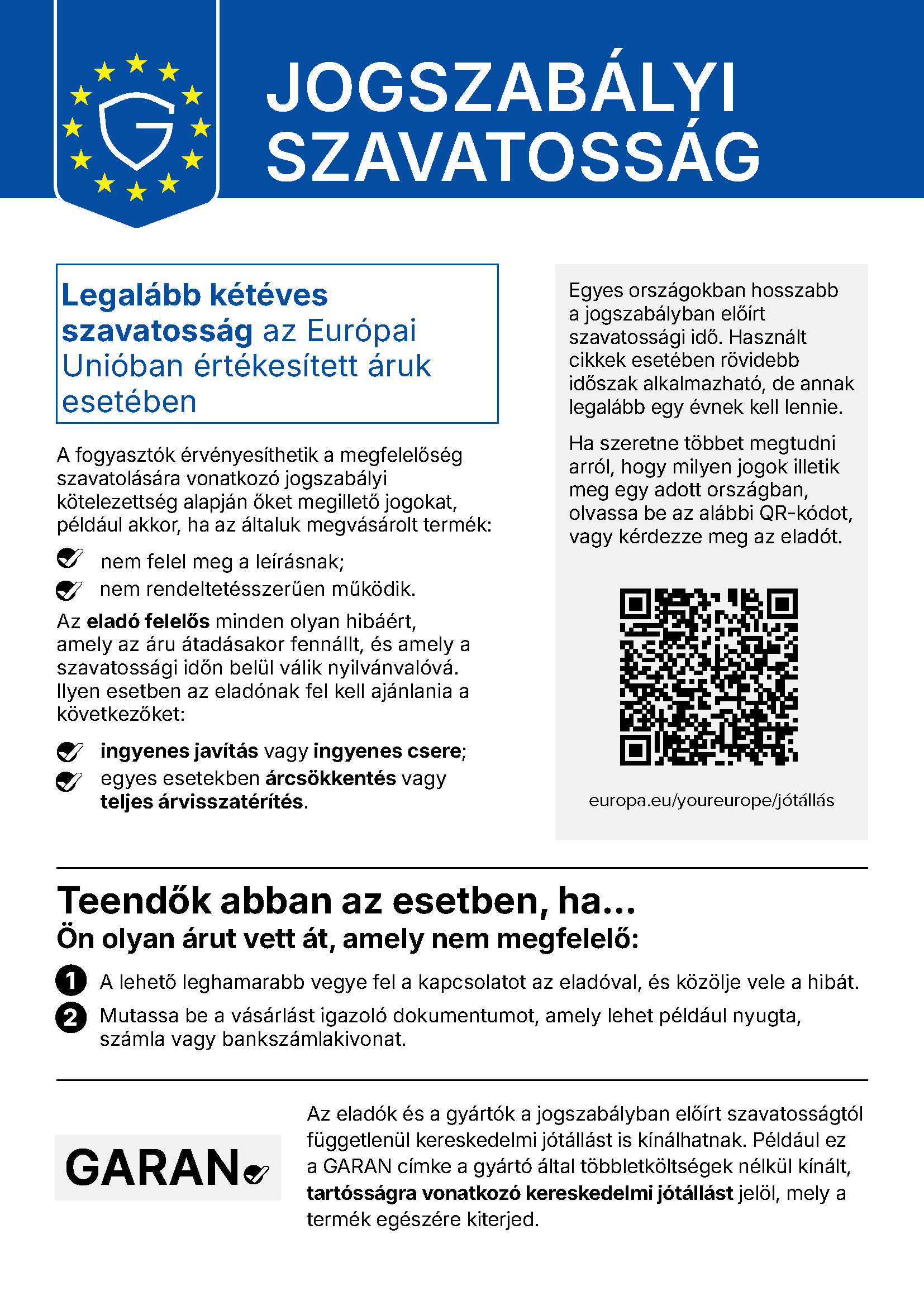 Jogszabályi szavatosság – harmonizált uniós értesítés